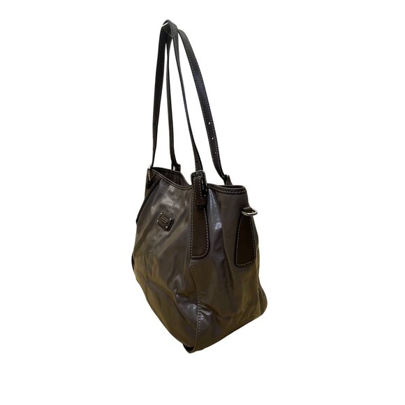 Tods Women’s Gray Patent & Brown Double Strap Signature Logo Accent Tote Bag - Picture 7 of 12